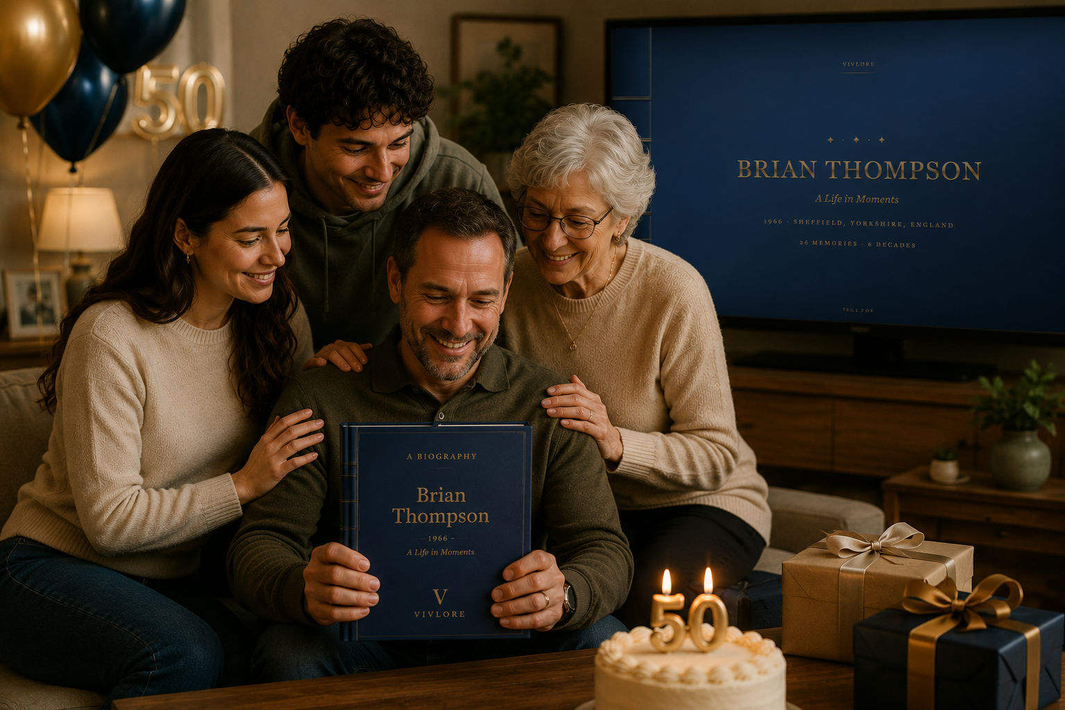 A family presenting a Vivlore hardback biography to their father on his fiftieth birthday